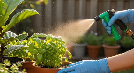 Watering potted basil plant with spray nozzle
