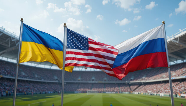 Flag displaying tensions between ukraine russia and the usa sports stadium photography daylight wide angle political symbolism - Powered by Adobe
