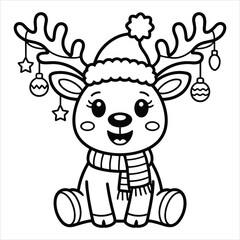 Cute Christmas Reindeer Cartoon Coloring Page for Kids