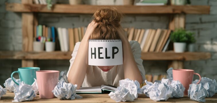 The Help Sign Overwhelmed Student At A Busy Studying Desk