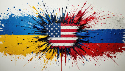 Conflict and unity ukraine usa and russia's flags in abstract art digital environment vibrant concept