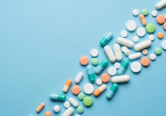 Colorful pills and capsules arranged on a vibrant blue backdrop