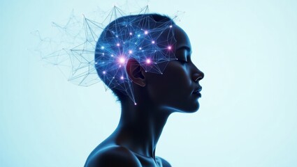 Retrato lateral femenino de una mujer con patrones neuronales en expansión en su cabeza
