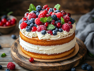 Delicious layered cake adorned with fresh berries and cream, perfect for any celebration or dessert craving.