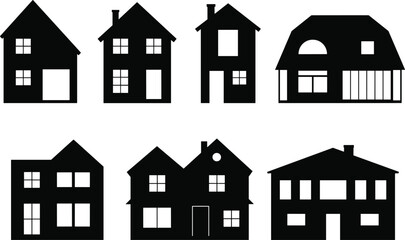 Black house silhouettes, various home shapes, residential buildings vector, architecture icons, real estate symbols, property outlines, urban housing designs