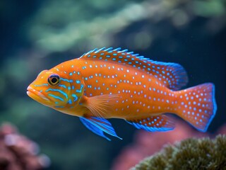 Obraz premium Close up of a colorful orange fish with blue spots swimming in an aquarium environment underwater view