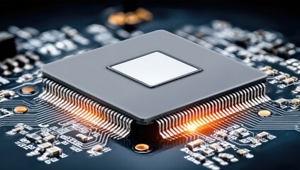 Close-up of a central processing unit (CPU) on a circuit board.  A gray CPU chip sits atop a dark circuit board with illuminated connections