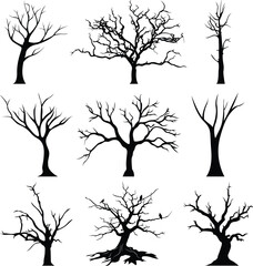 dead tree set, leafless tree set, 2d vector illustration, black tree set