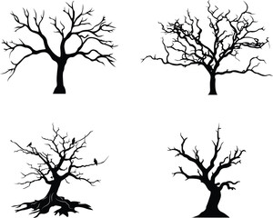 black tree set, leafless tree set, dead tree set, mono color trees, 2d vector illustration