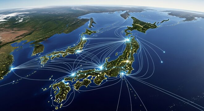 Japan Network Connections: Aerial View of Cities and Global Links.