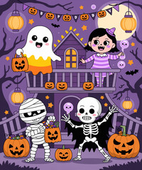 Halloween celebration with costumed kids at a spooky house colorful illustration festive atmosphere playful perspective halloween theme