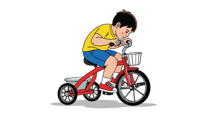 Young Asian boy happily riding a red tricycle.
