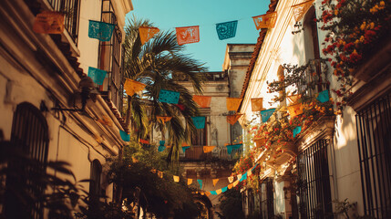 Colorful Banners Hanging Above a Historic Street During the Festive Feria de Cali Celebration in the City Center
