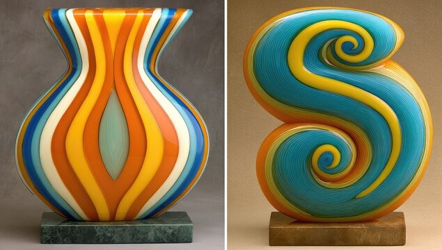 Two vibrant glass art pieces. One is a vase with swirling, multicolored stripes; the other is a sculpted letter 'S', also with colorful, swirling designs. Both sit on marble bases