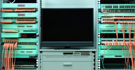 Server room filled with network equipment. Cables connect various devices within racks. Monitor displays blank screen. Infrastructure supports data operations.