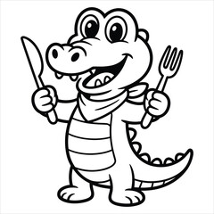 Cute Cartoon Crocodile Holding Fork and Knife Outline for Kids Coloring Page