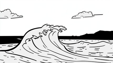 Black and White Illustration of a Large Ocean Wave with Clouds and Shoreline