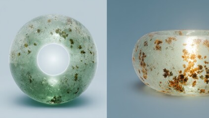 Two jade beads, light green and translucent, speckled with dark inclusions.  One is a round,  hollow disc; the other a  rounded, slightly elongated form
