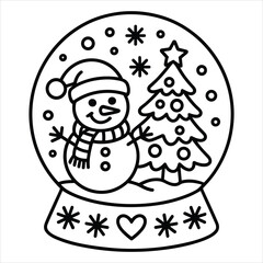 Cute Snowman and Christmas Tree in Snow Globe Coloring Page