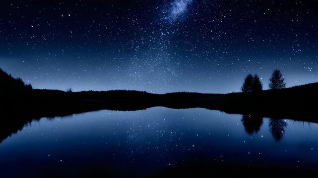 紺碧の夜空と湖が織りなす幻想風景