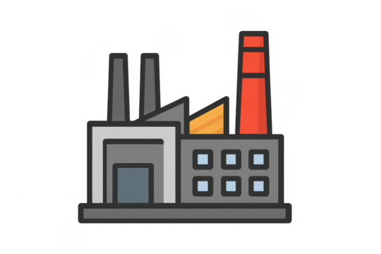 Industrial factory building with smoking chimneys on transparent background