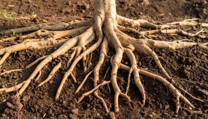 Fototapeta premium Intertwined Roots: A detailed view showcases the intricate network of tree roots spread across the earth, emphasizing the unseen strength and life source of a plant.