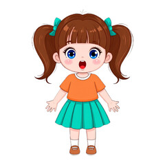A surprised young girl with pigtails, wearing an orange shirt and teal skirt, stands with open mouth and outstretched arms.
