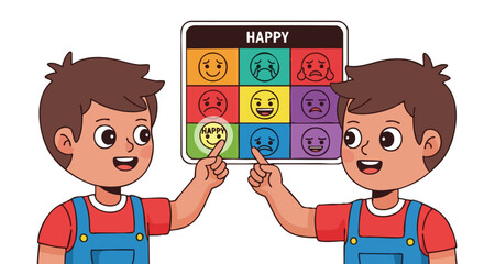 Young boys identifying happy emotion on a feelings chart.