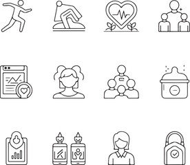 Fototapeta premium Collection of wellness icons representing physical activity, mental wellbeing, social connection, healthy habits, and more, isolated on white background