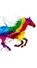 Obraz premium Splashing multicolored rainbow paint shaped like a horse on a solid white background 