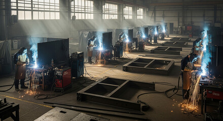 A spacious industrial welding workshop with multiple welding stations
