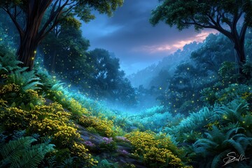 Enchanting forest scene with glowing lights and misty atmosphere under a twilight sky