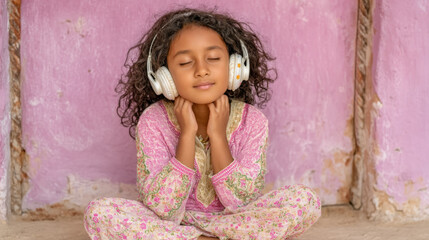 Fototapeta premium Home sick, A girl enjoys traditional music at home, creating a serene and cultural atmosphere.