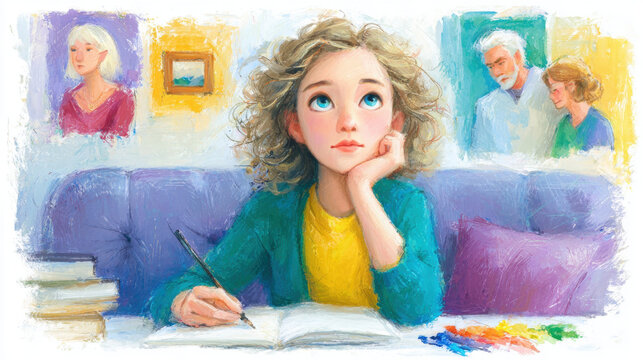 Home sick, A girl sketches her family in a sketchbook, expressing homesickness through her artwork.