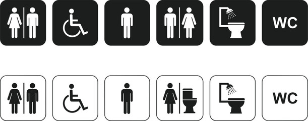Restroom and accessibility icons, gender-neutral bathroom signs, shower and toilet symbols, WC signage, inclusive facilities, hygiene, public, vector, design