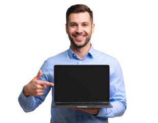 Smiling Man in Blue Shirt Holding Laptop and Pointing at It on Transparent Background.
