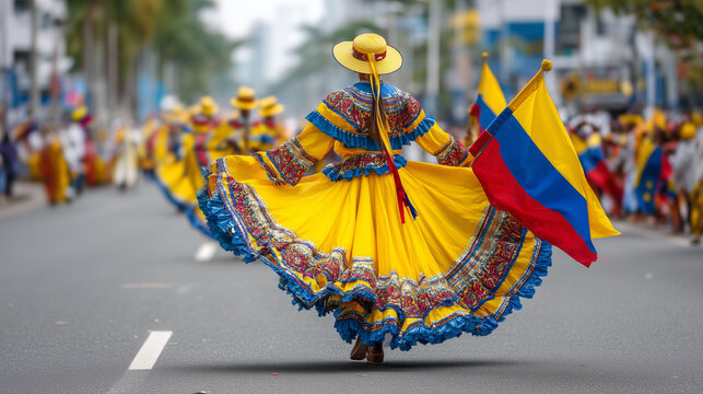 Feria de Cali Dancer &ndash; Flowing Yellow Dress, Colombian Flag, Traditional Dance, and Street Celebration in Cali, Colombia
