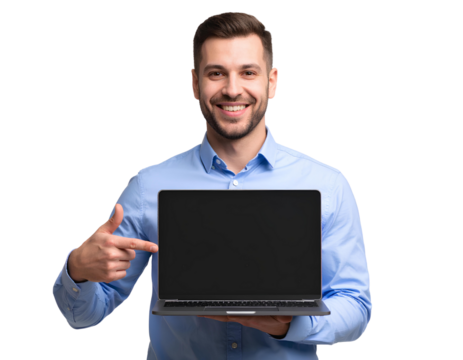 Smiling Man in Blue Shirt Holding Laptop and Pointing at It on Transparent Background.