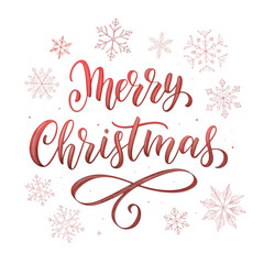 Merry christmas calligraphy with snowflakes isolated on transparent background