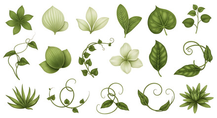 Obraz premium Collection of various green leaves and plants, isolated on white background