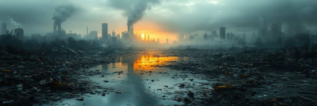 Symbolic portrayal of a dystopian cityscape shrouded in smog and despair