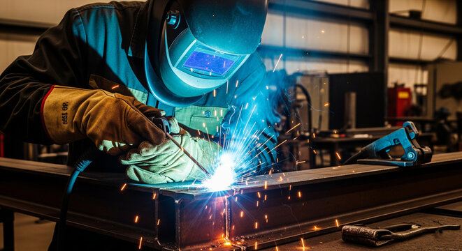 Ultra realistic photo of a professional welder performing SMAW welding on a steel beam