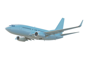 Fototapeta premium Blue And White Passenger Jet Flying Midair In Clear Skies Isolated Transparent Background, Png