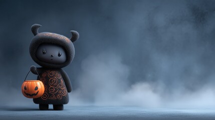 Cute devil-costumed character holding a pumpkin bucket in a misty scene