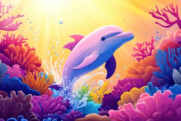 Obraz premium Dolphin swimming through colorful coral reefs in a vibrant underwater world