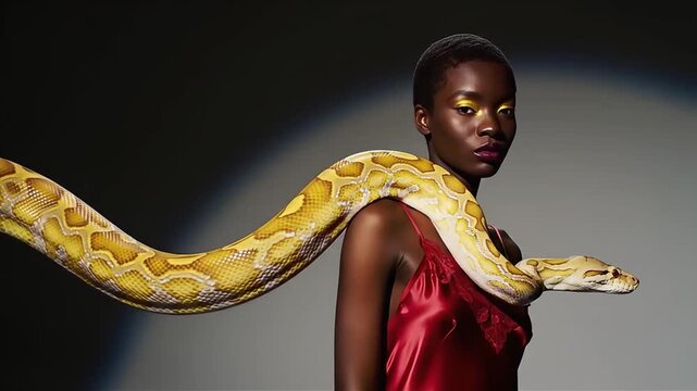 Fashion Model with a Snake, Striking Visuals in Red Lingerie