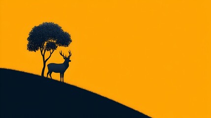 Antlered Animal Silhouette Grassy Hill