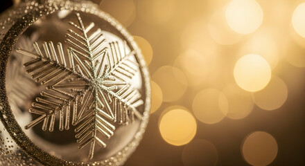 Fototapeta premium Elegant Snowflake Christmas Ornament with Golden Bokeh Lights Background