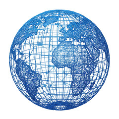 A digitally rendered blue wireframe globe stands out against a dark background, symbolizing global connectivity, advanced technology, and intricate network systems across the planet.