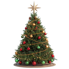 Decorated christmas tree with star and lights isolated on transparent background